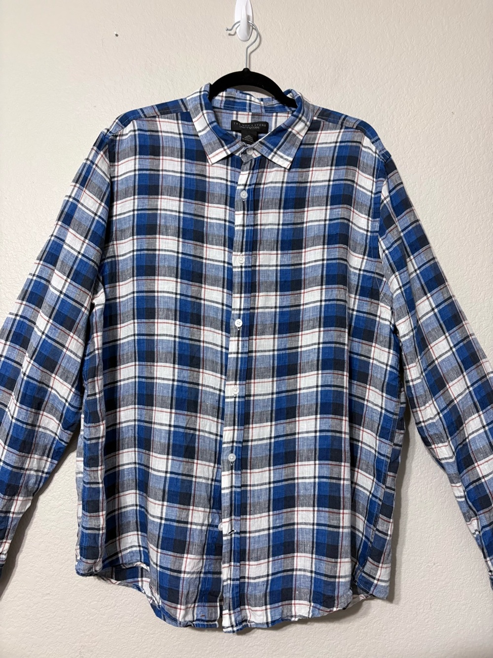 Men’s Blue Plaid Linen Long Sleeve Button Up Business Casual‎ Bloomingdale’s XL